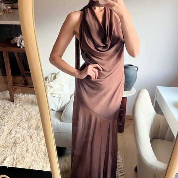 Brown Draped Halter Maxi Dress - Picture 4 of 6
